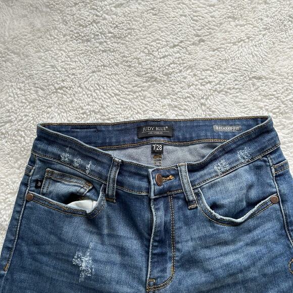 Judy Blue Jeans Womens 7/28 Blue Relaxed Fit‎ Distressed Stretch Dark Wash Denim - Picture 4 of 7